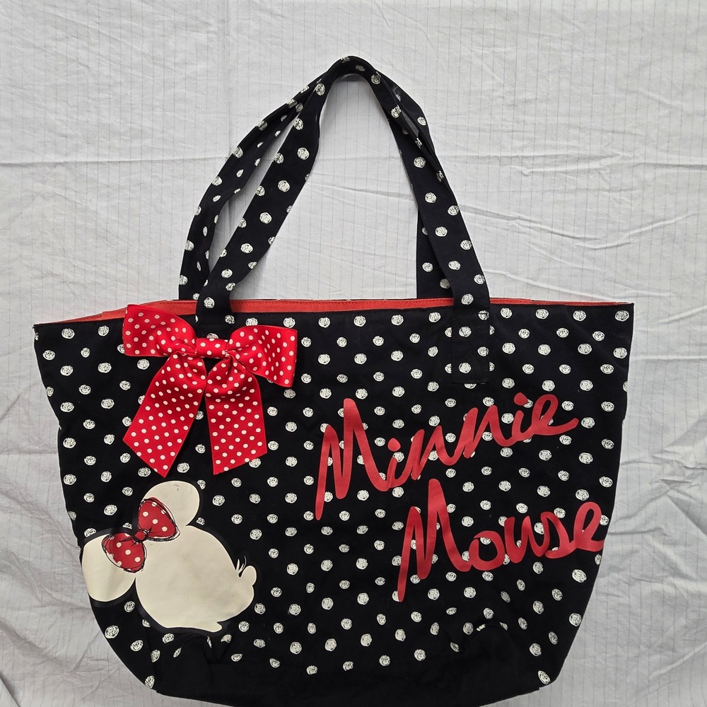 Disney Minnie Mouse Polka Dot Canvas Tote Bag Red Bow Black White F964-3476